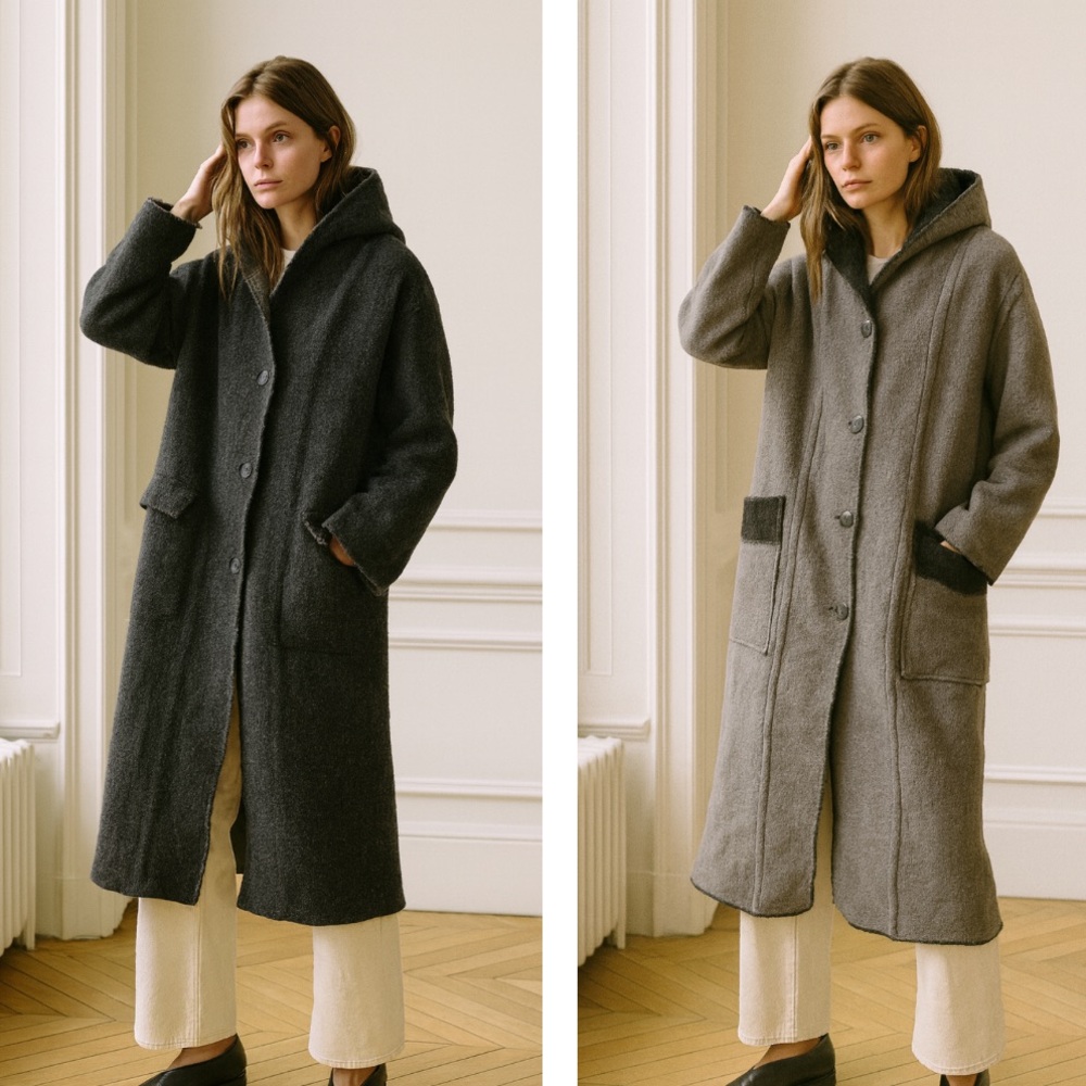 FLAX reversible, hooded wool coat